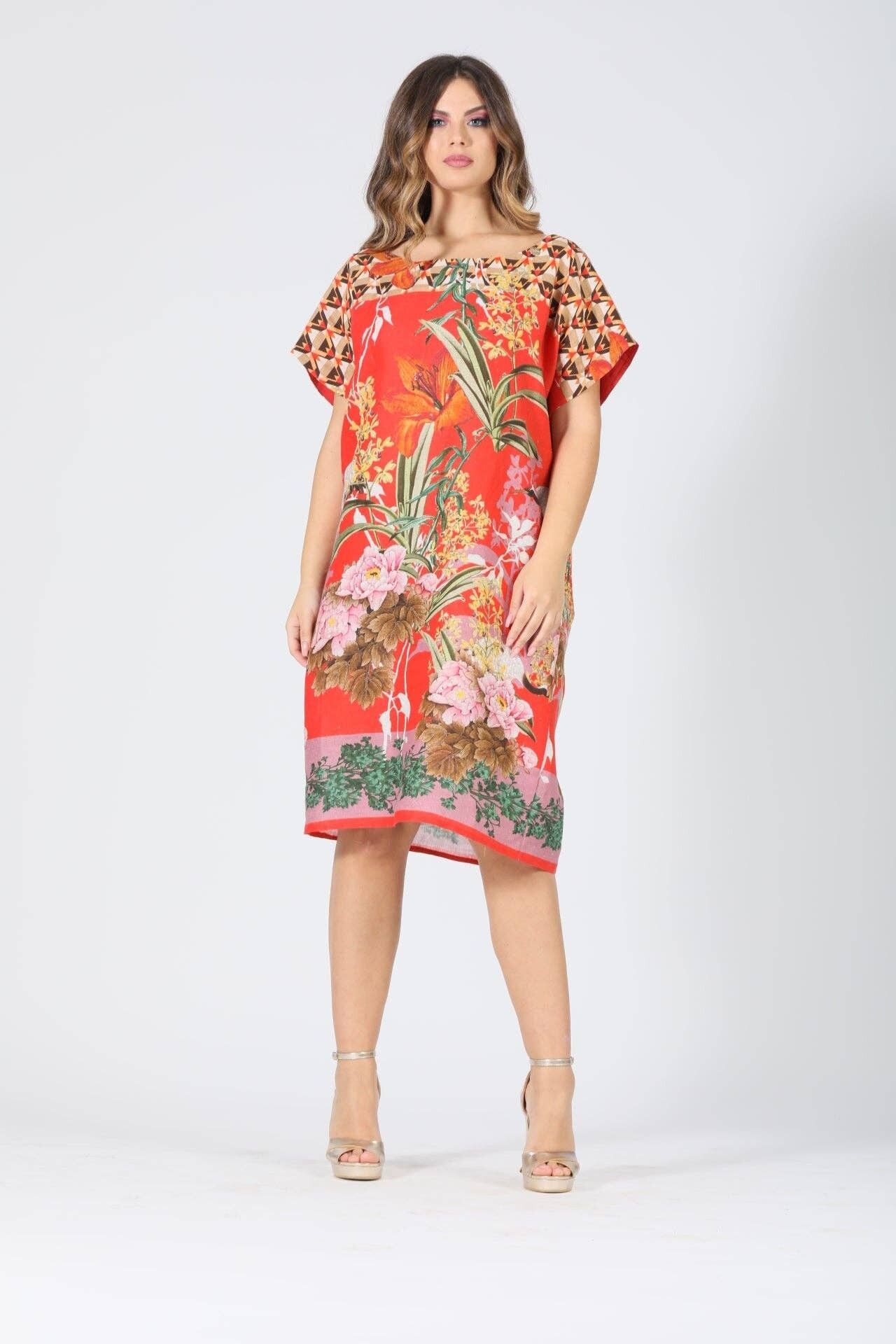 Vestito midi in lino lavato fantasia