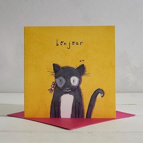 Bonjour Black Cat Greetings Card
