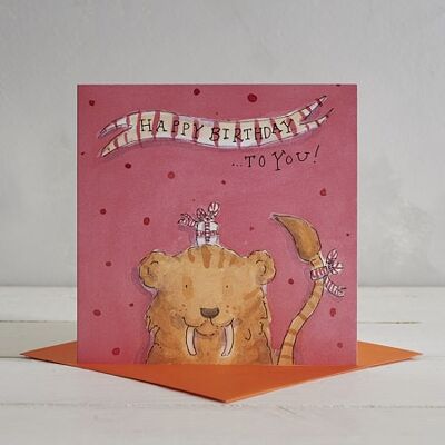 Cartolina d'auguri di tigre dai denti a sciabola di buon compleanno