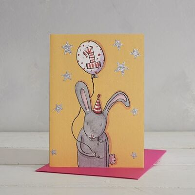 Tarjeta de felicitación de conejito de 1 año de edad para niñas de feliz cumpleaños