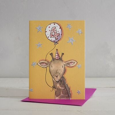 Feliz cumpleaños niñas edad 4 jirafa tarjeta de felicitación
