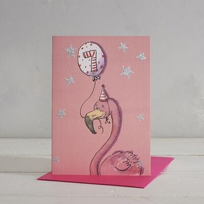 Carte de voeux Joyeux anniversaire filles 7 ans Flamingo