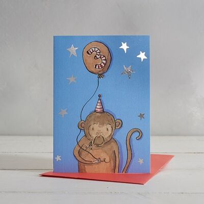 Cartolina d'auguri di scimmia di buon compleanno per ragazzi di 3 anni