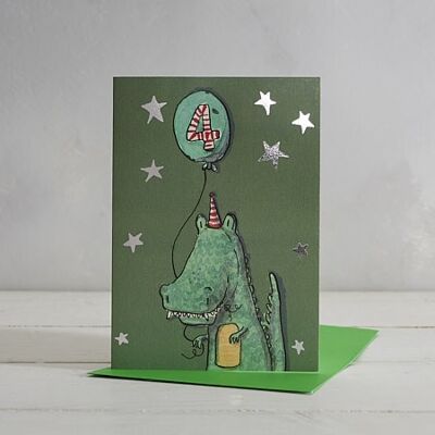 Carte de voeux joyeux anniversaire garçons 4 ans crocodile