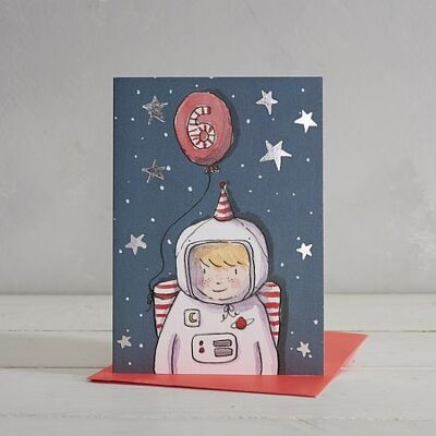 Tarjeta de felicitación de astronauta de 6 años de edad para niños de feliz cumpleaños