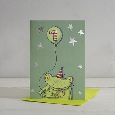 Carte de voeux joyeux anniversaire garçons 7 ans grenouille