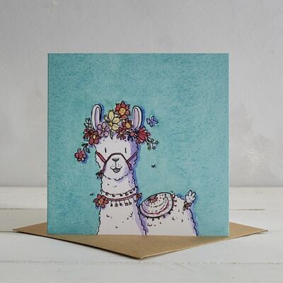 Flower Power Llama Greetings Card 'Loretta' - Blue
