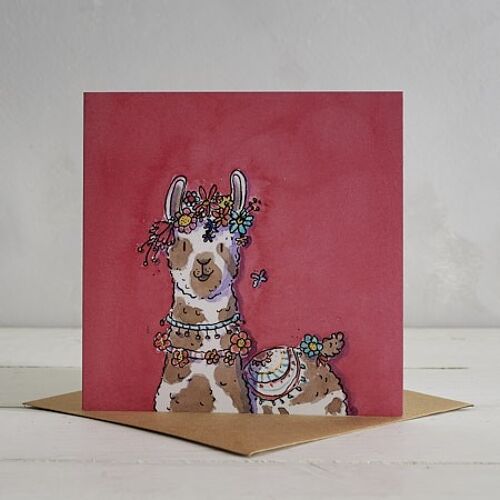 Flower Power Llama Greetings Card 'Lucille' - Red