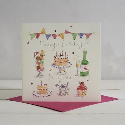Happy Birthday Cake and Wine Greetings Card