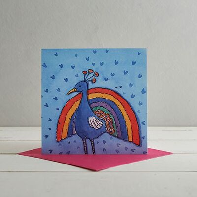 Tarjeta de felicitación del pavo real del arco iris