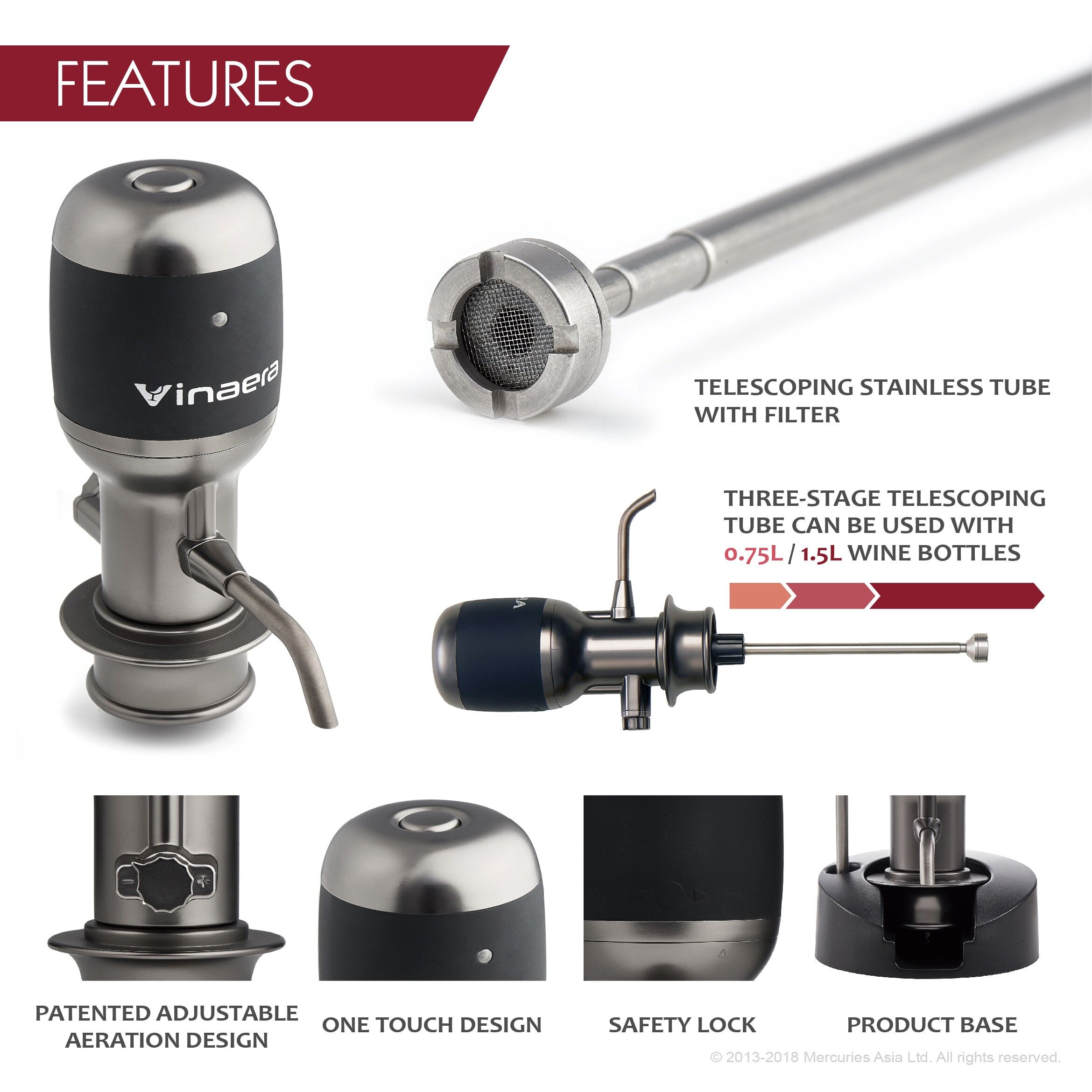 World's first "adjustable" Electric Wine Aerator/Dispener, Electronic Wine Decanter, Grey/Black, 0-180 minutes decanter, time-saving wine decanter, one-touch dispensing, no more wine dripping.