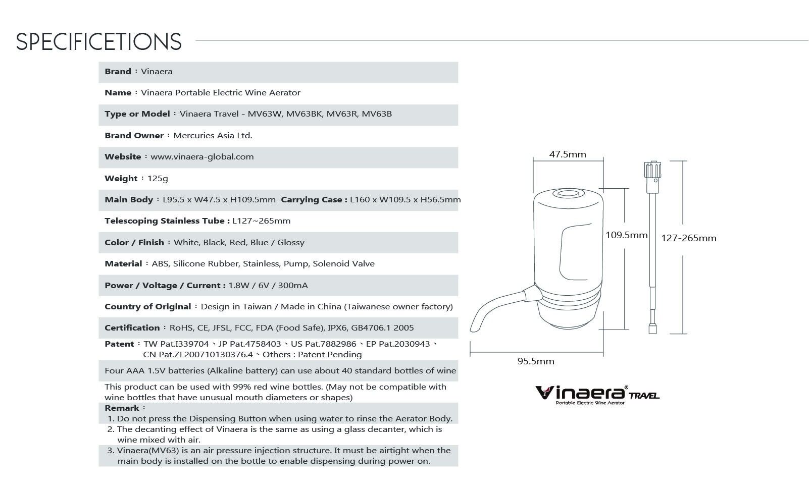 Vinaera Travel ~ The world's smallest portable electric wine aerator, same effect as compare to glass decanter, save our decanting time, 4 different colors available as for wine lovers, include carry box, easy to clean (IPX6), one touch instant decanting