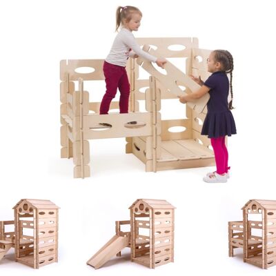 Build & Play Montessori Playhouse en bois - AVEC un toboggan et AVEC des escaliers