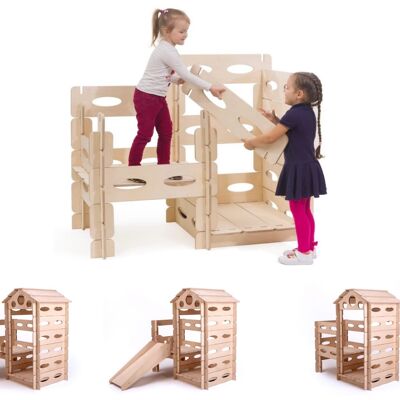 Build & Play Montessori Playhouse en bois - AVEC un toboggan et AVEC des escaliers