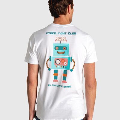 Men's white short-sleeved T-shirt with multicolored robot