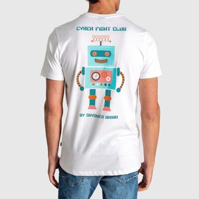 T-shirt homme blanc à manches courtes avec robot multicolore