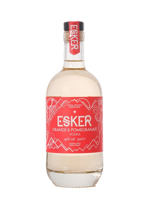 Esker Orange and Pomegranate Vodka. Premium Ultra Smooth Vodka with Real Fruit. Made in Scotland