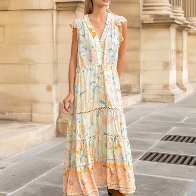 Long dress with floral print buttoned in front and V-neck