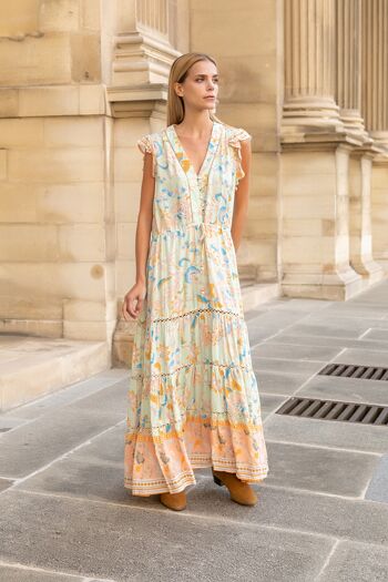 Robe longue à imprimé fleurie boutonnée devant et col V 1