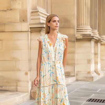 Long dress with floral print buttoned in front and V-neck