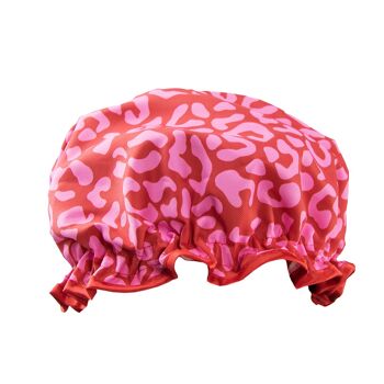 Bonnet de douche imprimé léopard rouge et rose avec bande ventrale 1