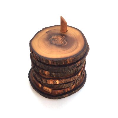 Set of 6 coasters with holder rustic made of olive wood