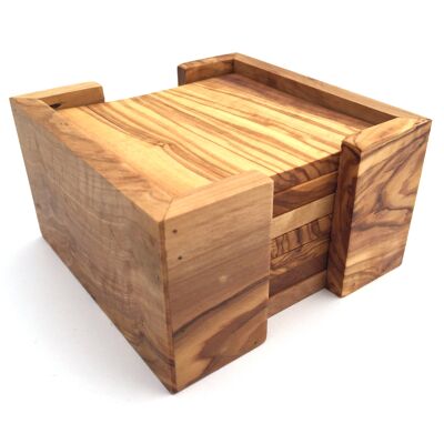 Set de 6 posavasos cuadrados con soporte fabricados en madera de olivo