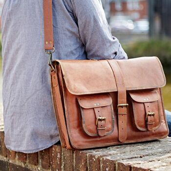 Grand sac cartable en cuir marron style sangle 3