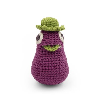 RÉGINE LA MINI AUBERGINE - HOCHET POUR BÉBÉ EN COTON BIO