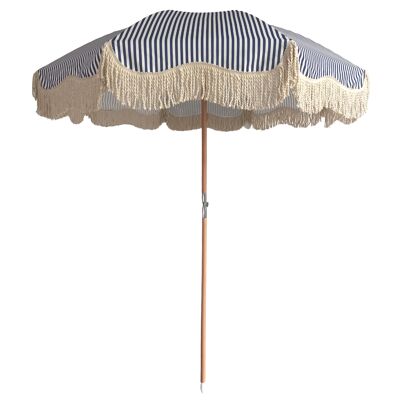 Vintage Style Outdoor Parasol Sun Shade - Beach, Garden, Glamping - Large 1.85m Wide -Fringe and Tilt Function- Matching Carry Bag - Navy Stripe