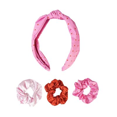 Geknotetes Stirnband und Scrunchie Duo Rot und Pink Polka Dot