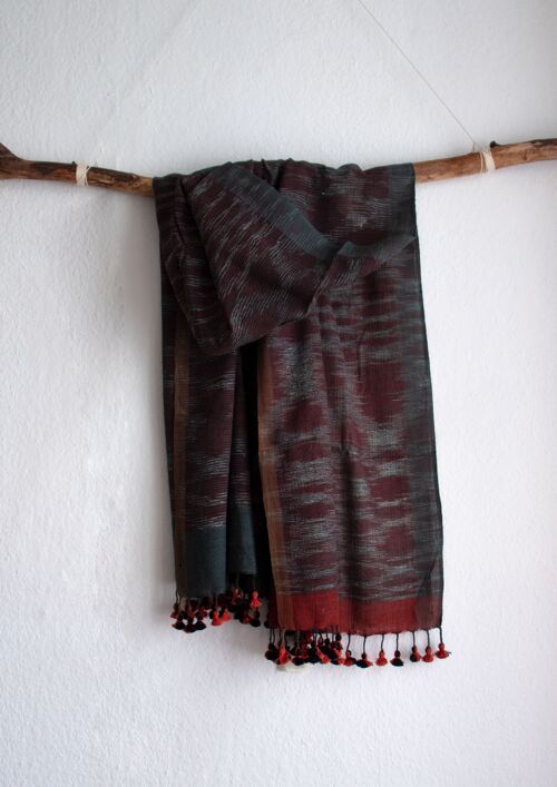 Langer handgewebter Schal aus Bio Baumwolle mit Bommeln - Rot Wasser