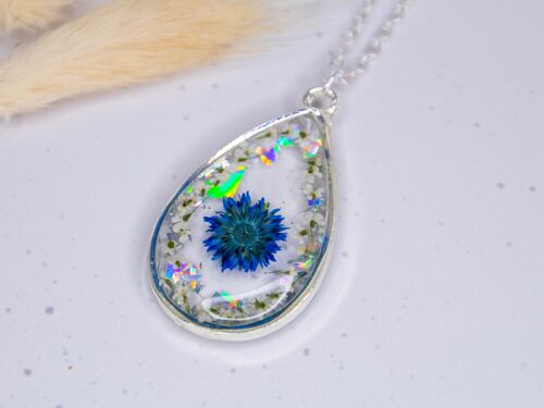 Emma BLUE teardrop necklace with real flowers and glitter
