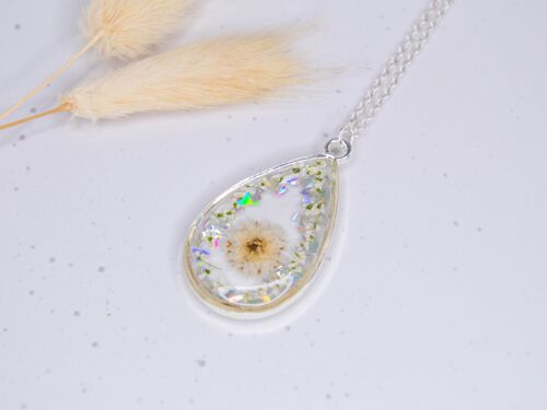 Emma WHITE teardrop necklace with real flowers and glitter