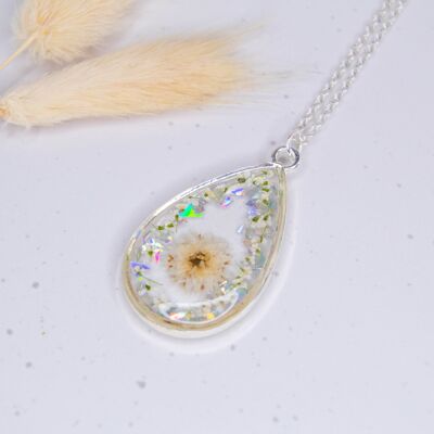 Emma WHITE teardrop necklace with real flowers and glitter