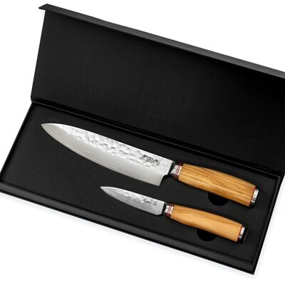 Caja cuchillo cocinero 20cm + Office 9cm Wusaki Damasco 10Cr mango madera olivo