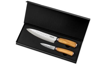 Coffret couteau de Chef 20cm + Office 9cm Wusaki Damas 10Cr manche en olivier 1