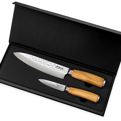 Caja cuchillo cocinero 20cm + Office 9cm Wusaki Damasco 10Cr mango madera olivo