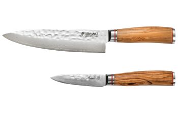 Coffret couteau de Chef 20cm + Office 9cm Wusaki Damas 10Cr manche en olivier 2