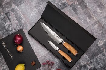Coffret couteau de Chef 20cm + Office 9cm Wusaki Damas 10Cr manche en olivier 3