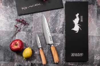 Coffret couteau de Chef 20cm + Office 9cm Wusaki Damas 10Cr manche en olivier 4