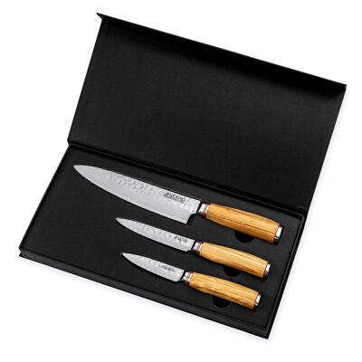 Box Chef 20cm + Universal 12cm + Office 9cm Wusaki Damascus 10Cr olive wood handle