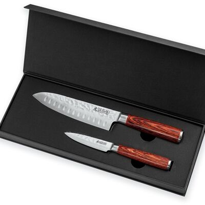Coffret Santoku 17cm + Office 9cm Wusaki Pakka X50 manche pakkawood