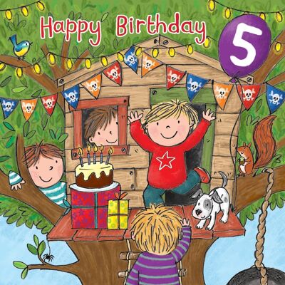 Carte d'anniversaire garçon 5 ans - Cabane dans les arbres