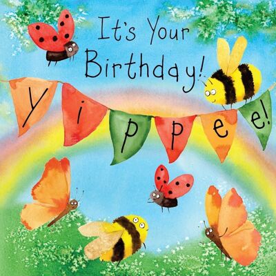 Tarjeta del feliz cumpleaños de las abejas y de las mariposas