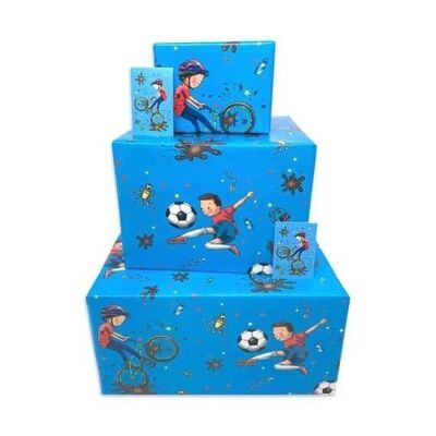 Boys Gift Wrap - Blue Football Bikes - 25 flat sheets