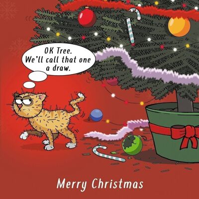 Katze gegen Weihnachtsbaum - lustige Katzenkarte