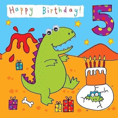 Tarjeta de cumpleaños de dinosaurio de 5 años - ojos saltones acabado a mano