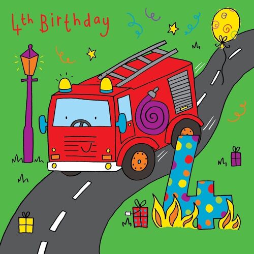 Fire Engine 4th Birthday Card - Boys Birthday Card