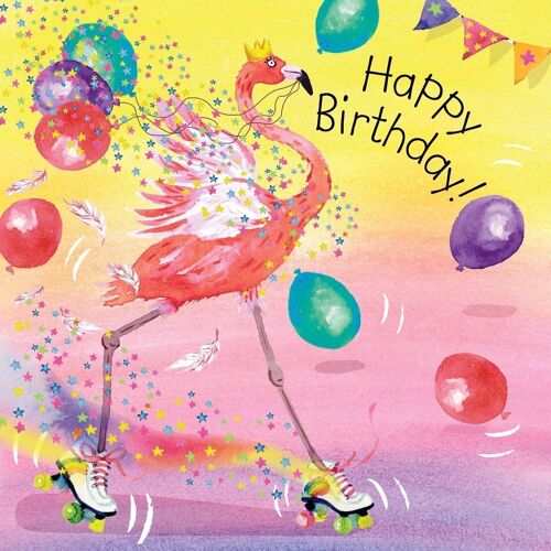 Flamingo Rollerskates - Girls Birthday Card